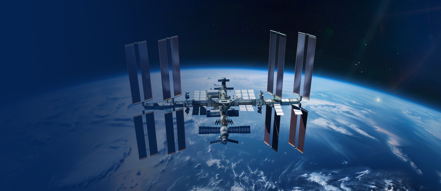 Die ISS schwebend im Weltraum, mit unserer schönen Erde im Hintergrund