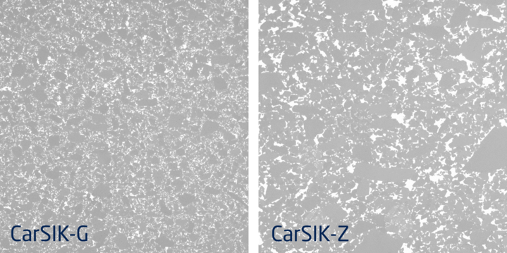  Material microstructure of the technical properties and surface structure of CarSIK-G & CarSIK-Z.