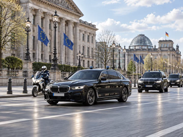 Fahrzeugkolonne mit Polizeibegleitung vor dem Reichstagsgebäude in Berlin
