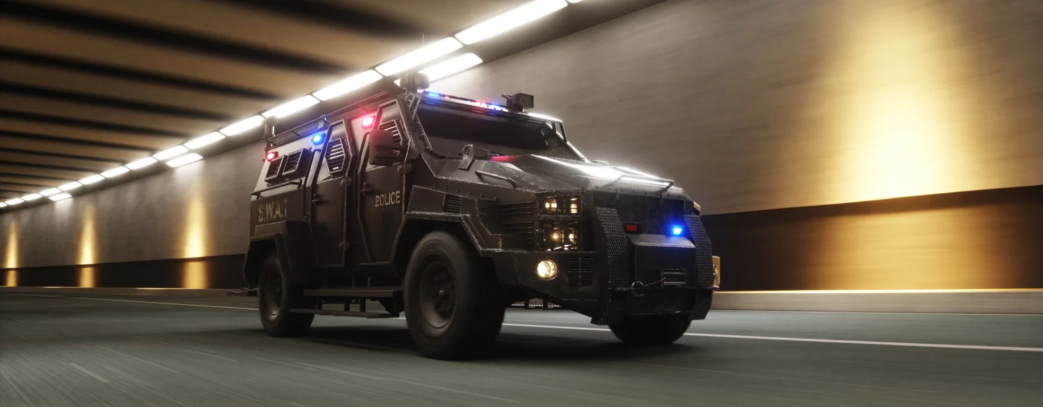  Heavy police vehicle with tactical officers at Hamburg harbor with the Elbphilharmonie in the background