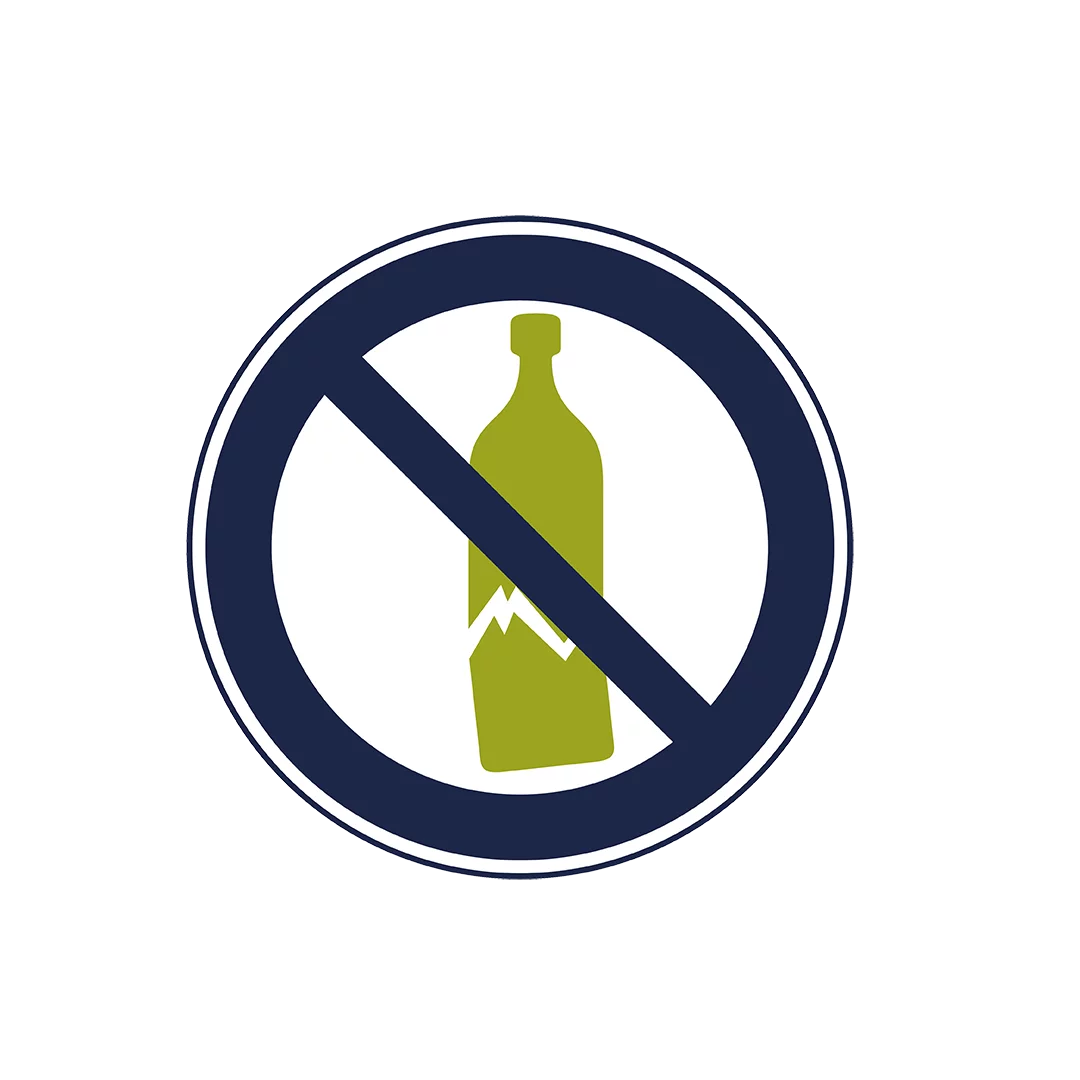  Symbolic prohibition sign with crossed-out broken glass bottle – indicating a no-glass policy in designated areas.