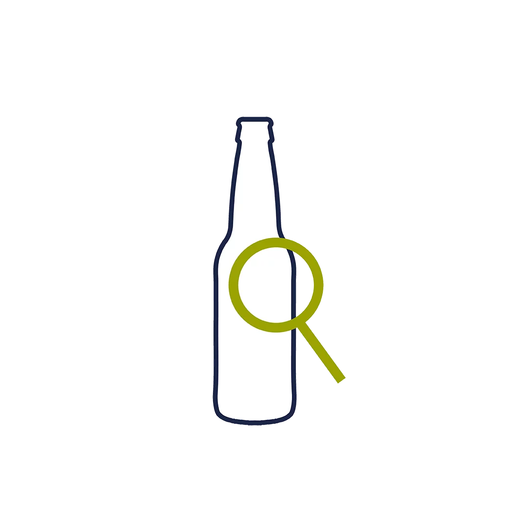  Pictogram of a glass bottle with a magnifying glass overlay – indicating manual or visual quality control of glass containers.