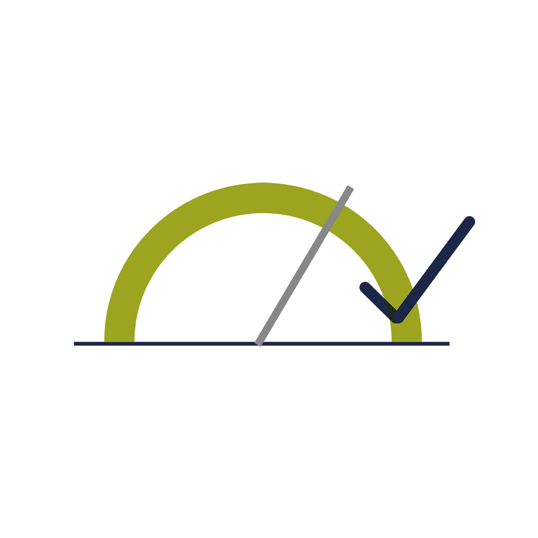  Graphic semicircle gauge with pointer and check mark – representing fulfilled inspection criteria, process approval, or quality assurance.