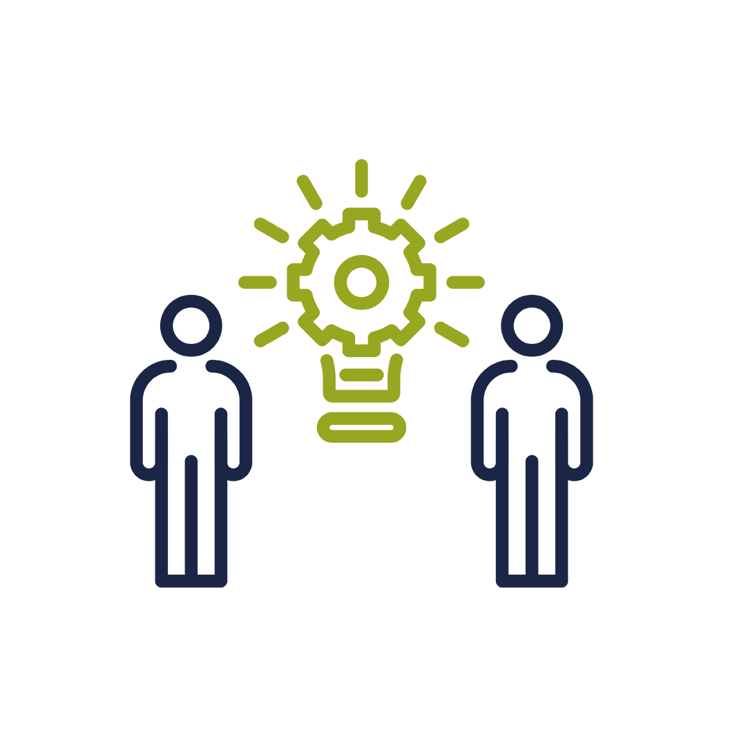  Icon graphic with two people and a gear shaped like a lightbulb – representing collaborative ideation, innovation work, or team creativity.