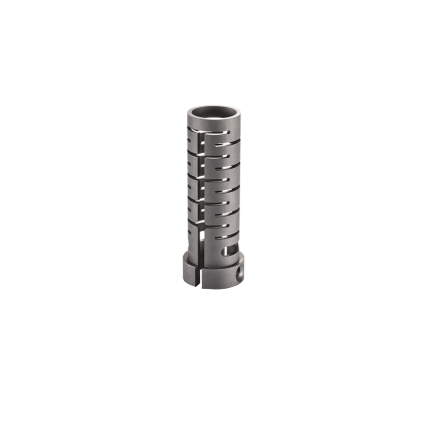  Cylindrical precision metal component with continuous slot structure, designed for technical applications in mechanical engineering or medical technology.