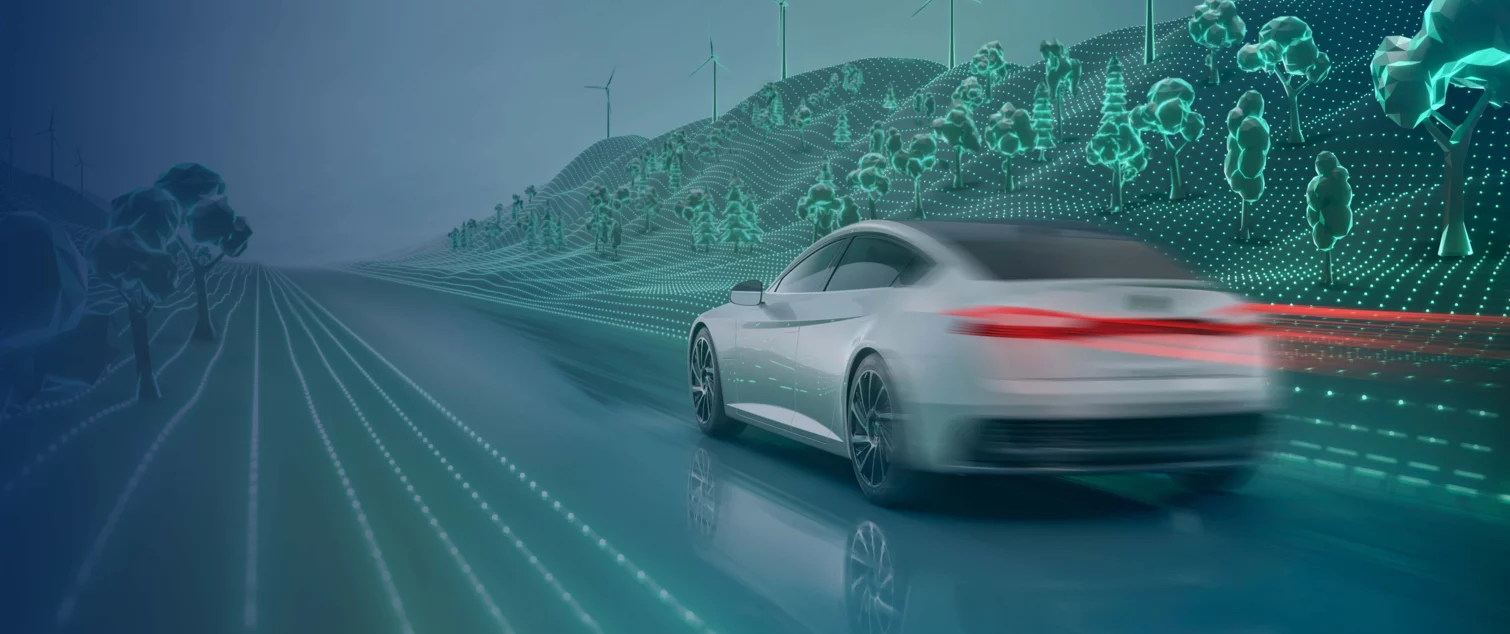    Modernes Elektroauto fährt durch futuristischer Umgebung.