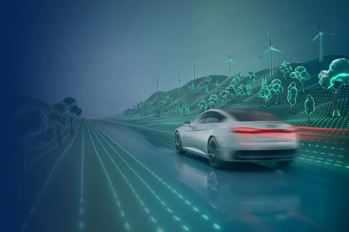    Modernes Elektroauto fährt durch futuristischer Umgebung.