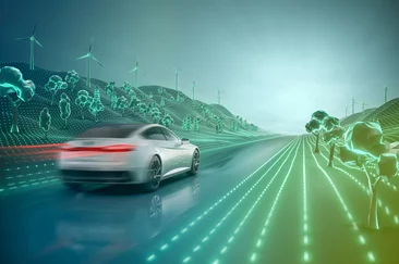 Modernes Elektroauto fährt durch futuristische Umgebung.