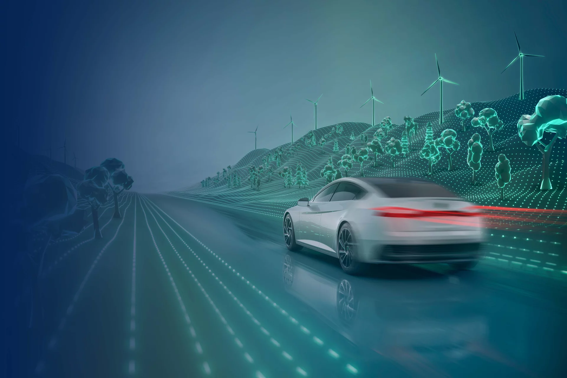  Modern electric car driving through futuristic environment.