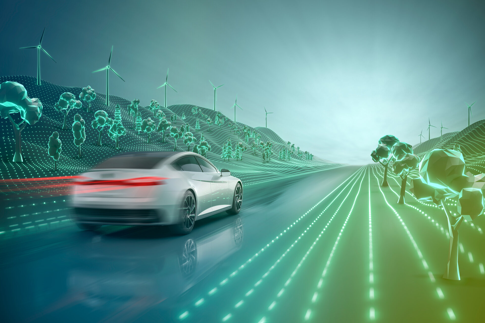  Modern electric car driving through futuristic environment.