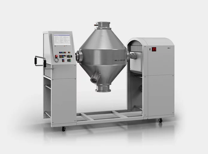  Industrial mixing and processing machine with control panel, stainless steel container and modern technology, mounted on castors.