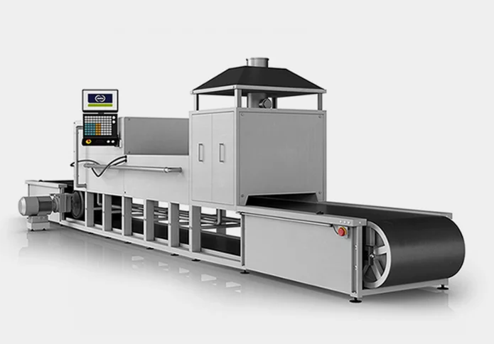  Industrial conveyor belt oven with control unit, enclosure and exhaust air system, optimised for continuous heat treatment processes.