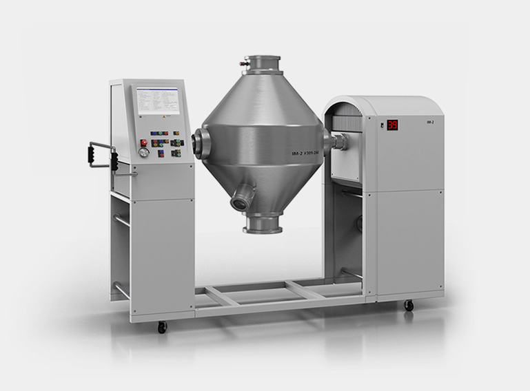  Industrial mixing and processing machine with control panel, stainless steel container and modern technology, mounted on castors.