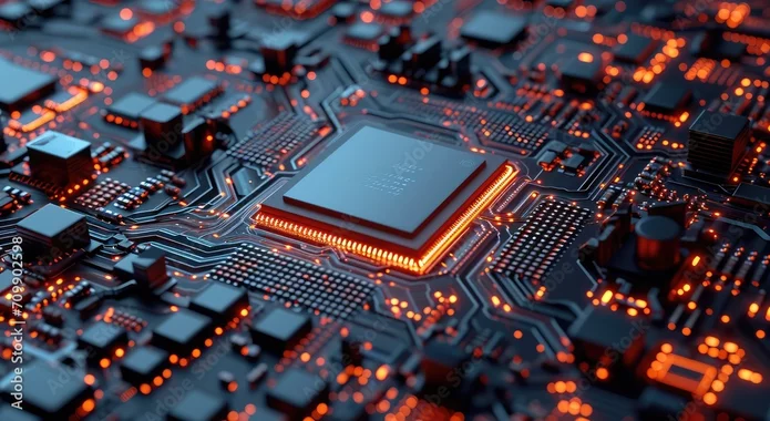  Close-up of an illuminated circuit board with a central microchip, surrounded by illuminated electronic components and conductor tracks.