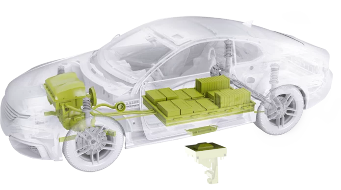  Darstellung eines Autos mit Schunk Produkten für Energiespeicherung und Versorgung