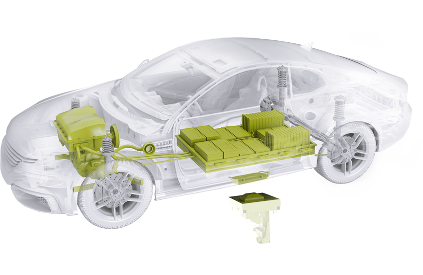  Darstellung eines Autos mit Schunk Produkten für Energiespeicherung und Versorgung