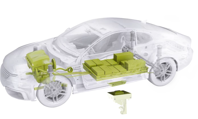  Darstellung eines Autos mit Schunk Produkten für Energiespeicherung und Versorgung
