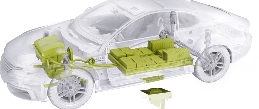  Darstellung eines Autos mit Schunk Produkten für Energiespeicherung und Versorgung