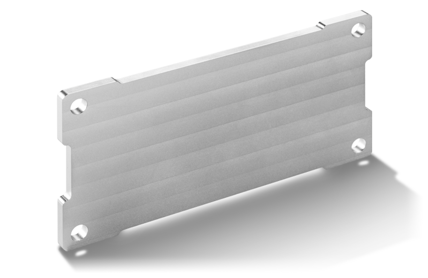  Silver metal plate with four mounting holes and a ridged surface, shown against a transparent background
