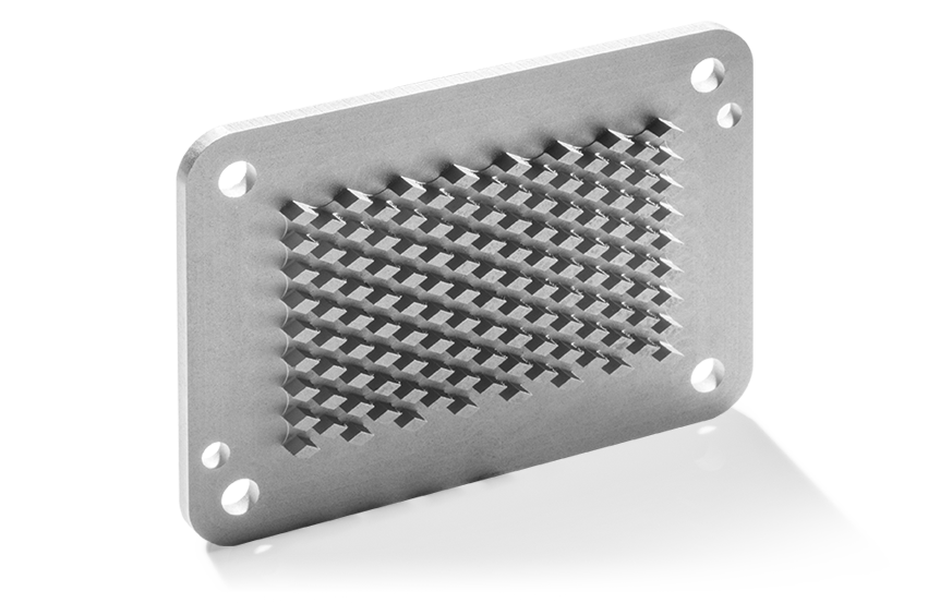  Aluminum graphite cooler with a ridged surface and four mounting holes, shown against a transparent background