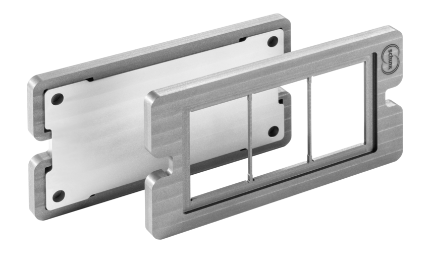 Lötvorrichtung aus Aluminium-Graphit mit rechteckigem Rahmen und Halterung, vor transparentem Hintergrund
