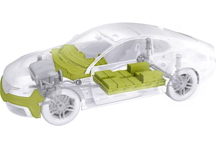  Darstellung eines Autos mit Schunk Produkten für Leistungselektronik und Sensorik