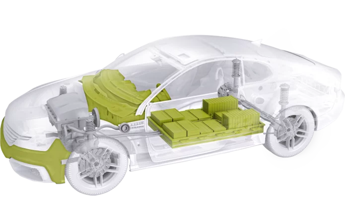  Darstellung eines Autos mit Schunk Produkten für Leistungselektronik und Sensorik