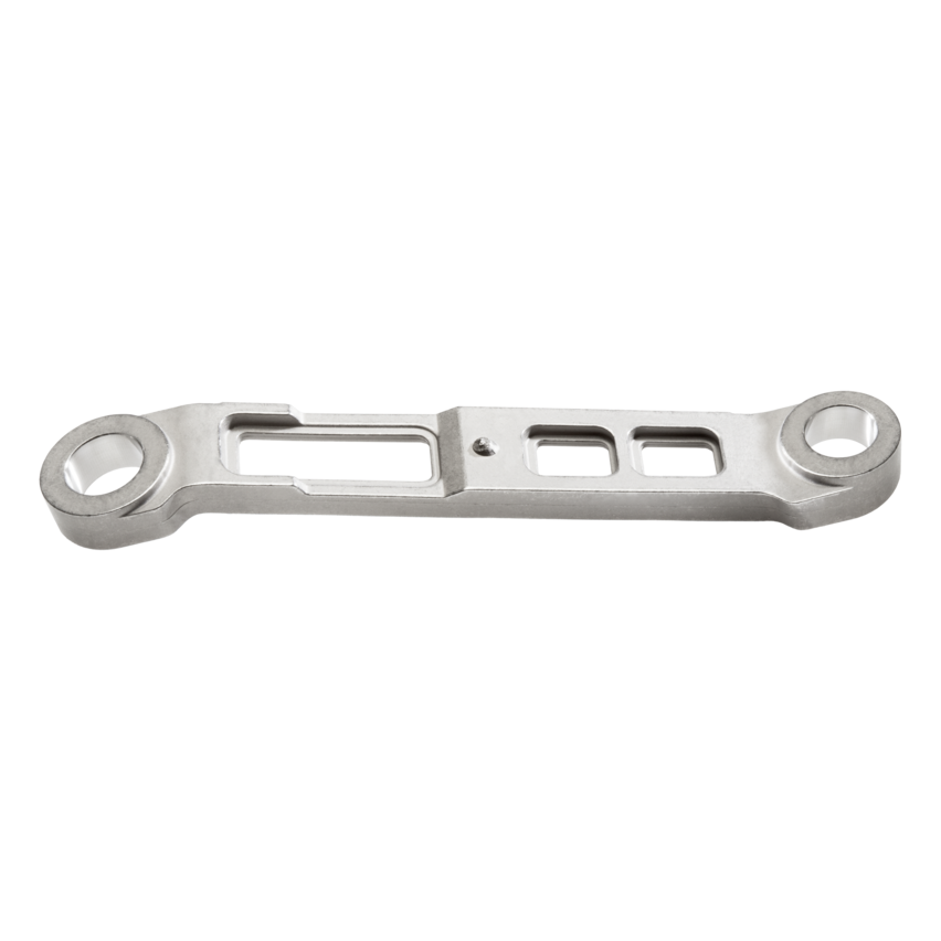  Metal connecting rod for turbochargers with precise cutouts and mounting holes, shown against a white background