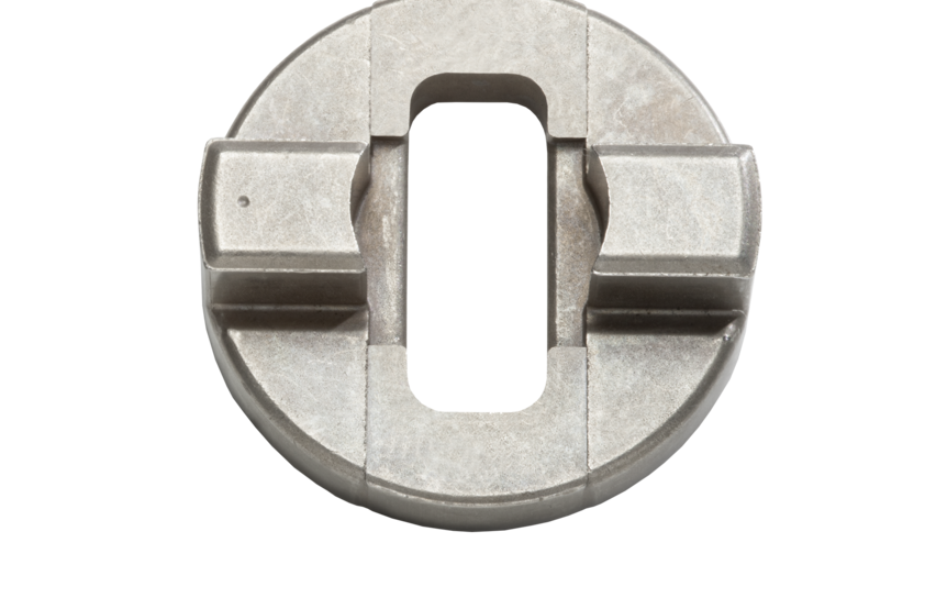  Metal coupling for vacuum pump with an oval opening and precise cutouts, shown against a white background