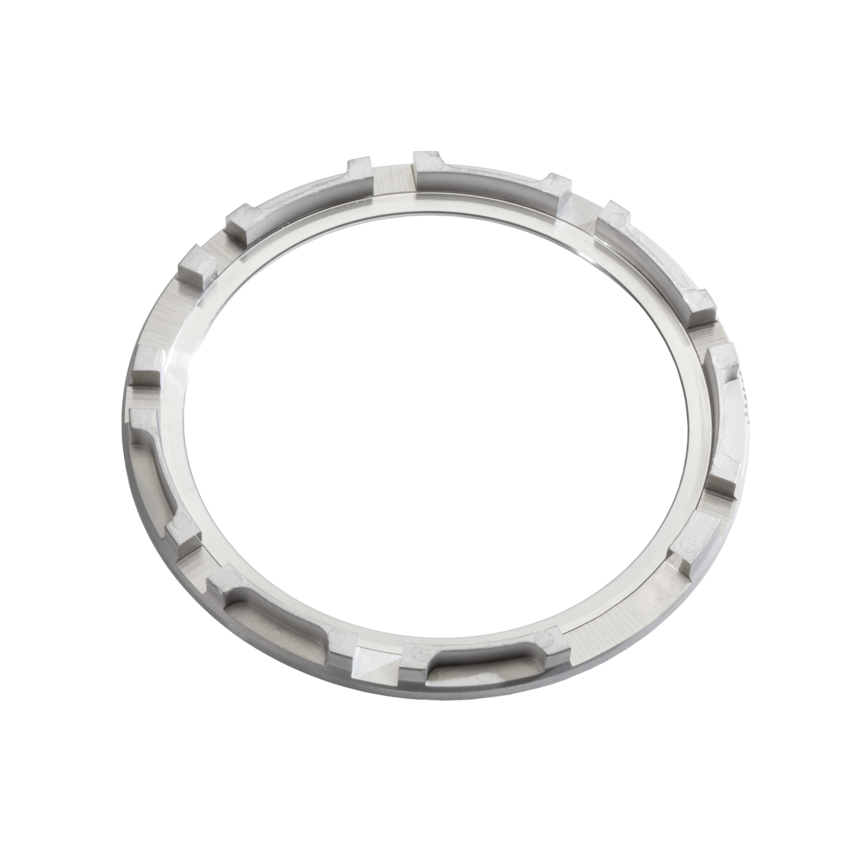  Metal adjusting ring for turbochargers with precise cutouts and a smooth surface, shown against a white background