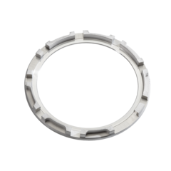  Metal adjusting ring for turbochargers with precise cutouts and a smooth surface, shown against a white background