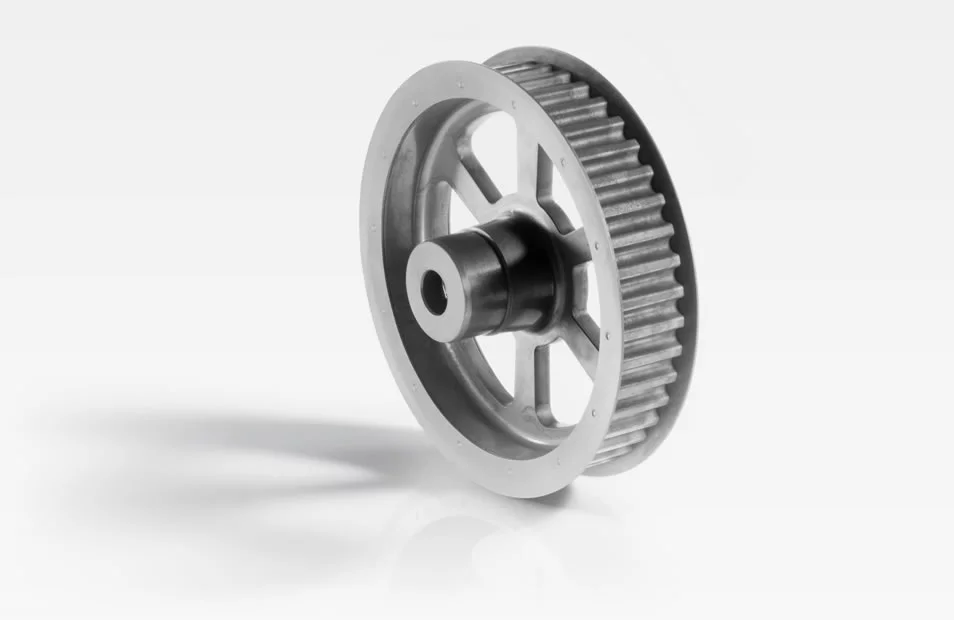  Metal timing belt pulley for diesel pump drive with grooved profile and central hole, shown against a white background