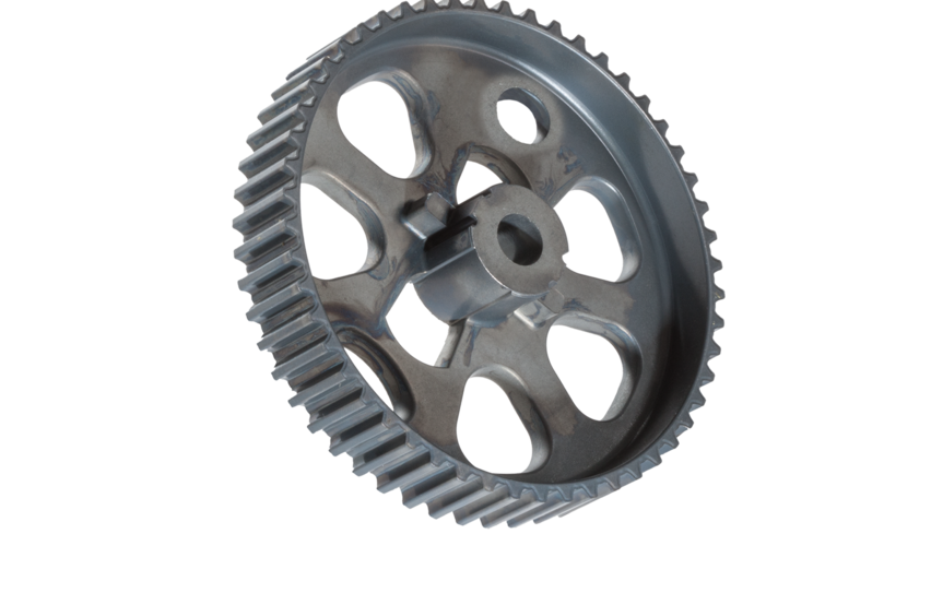  Timing belt pulley for pump drives made of metal, featuring open spokes and fine teeth, shown against a white background