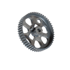  Timing belt pulley for pump drives made of metal, featuring open spokes and fine teeth, shown against a white background