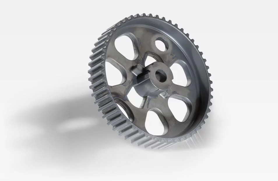  Timing belt pulley for pump drives made of metal, featuring open spokes and fine teeth, shown against a white background