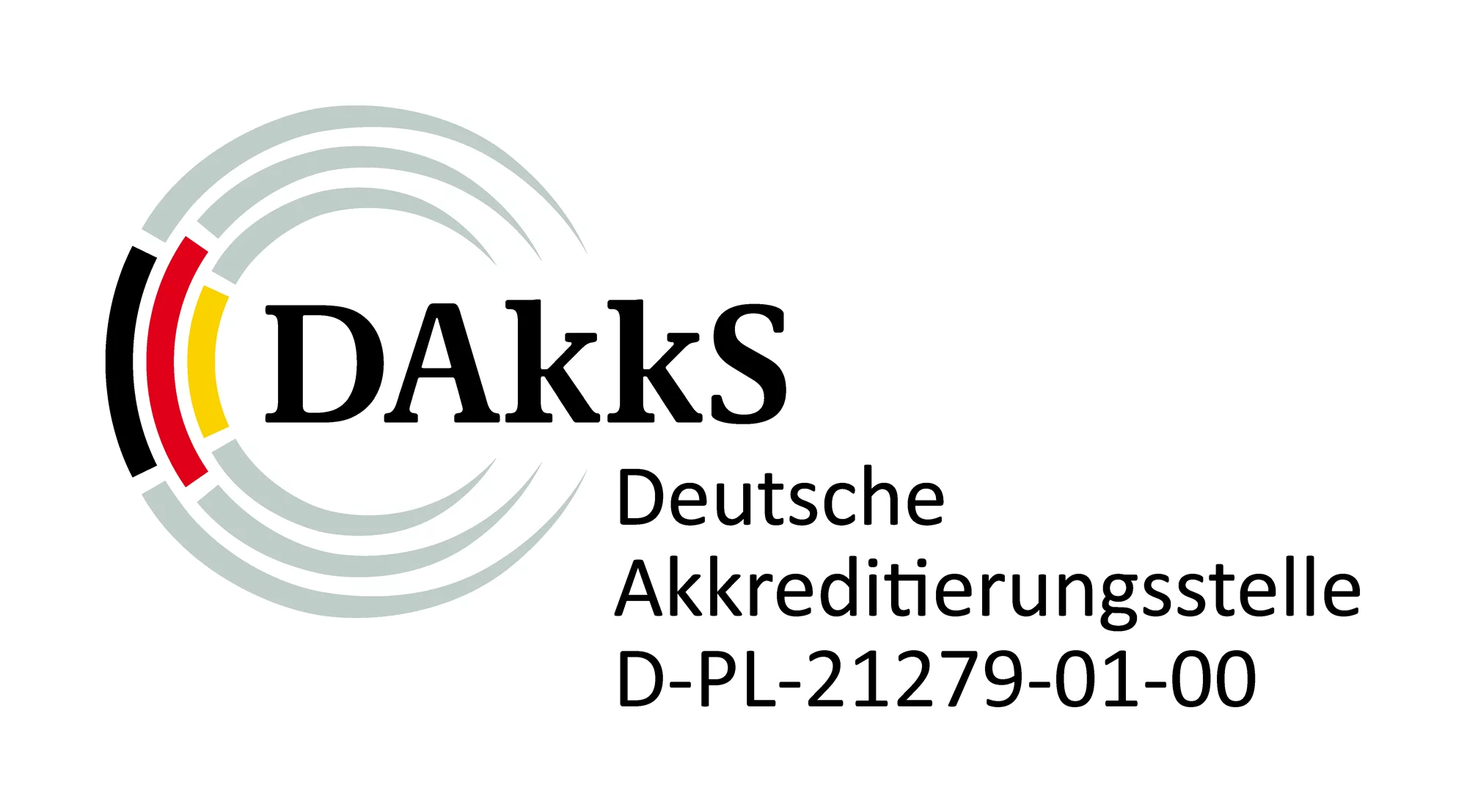 Logo der Deutschen Akkreditierungsstelle mit Schriftzug und kreisförmigem Design in Schwarz, Rot, Gelb