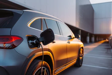  Elektroauto mit eingestecktem Ladekabel vor einem modernen Gebäude