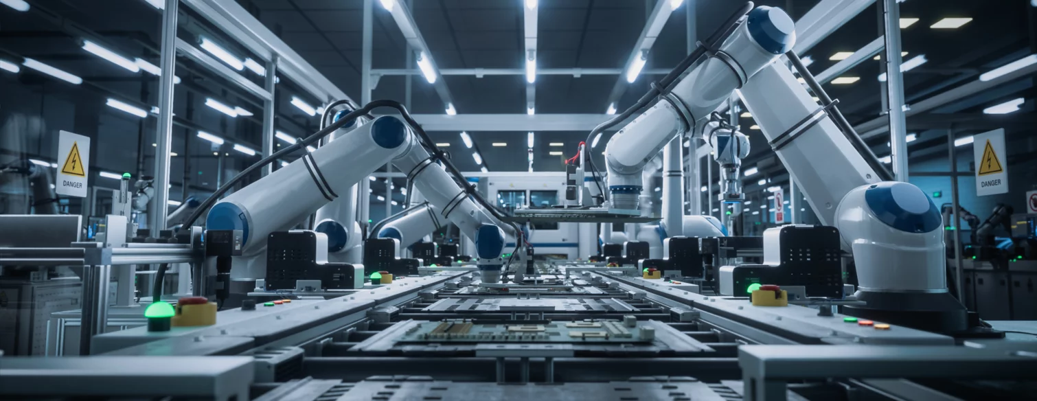  Industrial robots working on an automated production line in a modern manufacturing facility