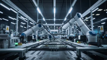  Industrieroboter an einer automatisierten Produktionslinie in einer modernen Fertigungsanlage