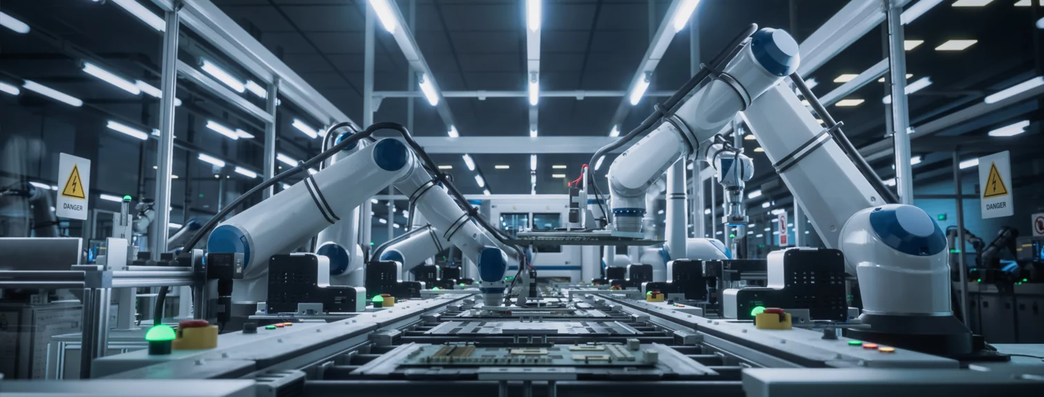  Industrieroboter an einer automatisierten Produktionslinie in einer modernen Fertigungsanlage