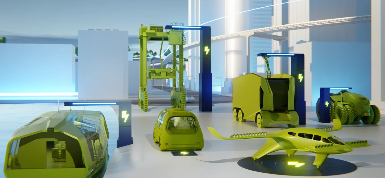 Animation mit E-Fahrzeugen zu Land, Luft und Wasser, welche durch Schunk Smart Charging Technologie geladen werden