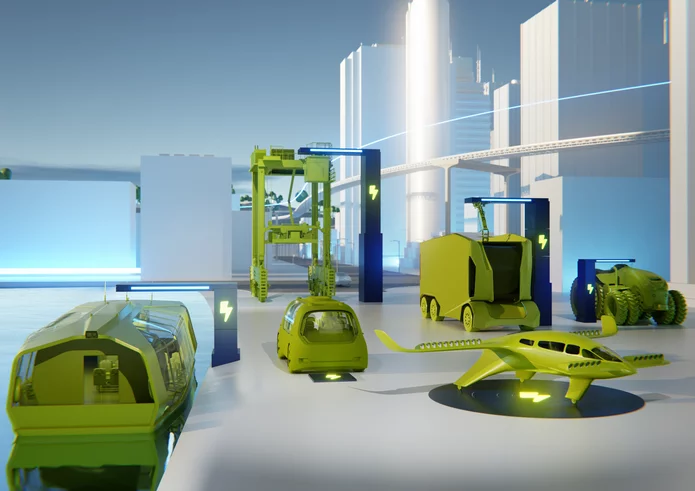 Animation mit E-Fahrzeugen zu Land, Luft und Wasser, welche durch Schunk Smart Charging Technologie geladen werden