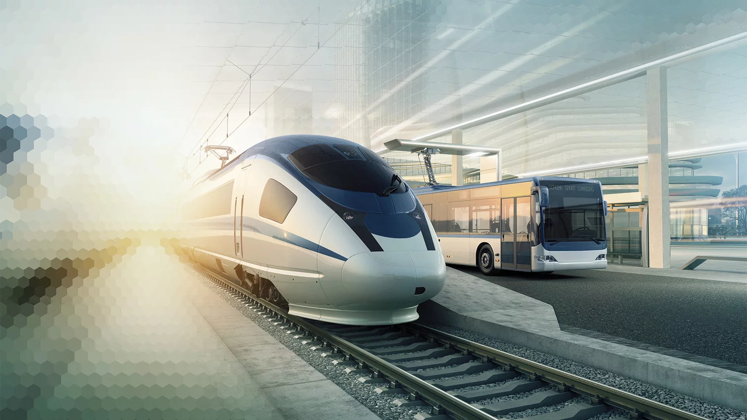  Zug und Elektro-Bus an Haltestelle in futuristischer Umgebung