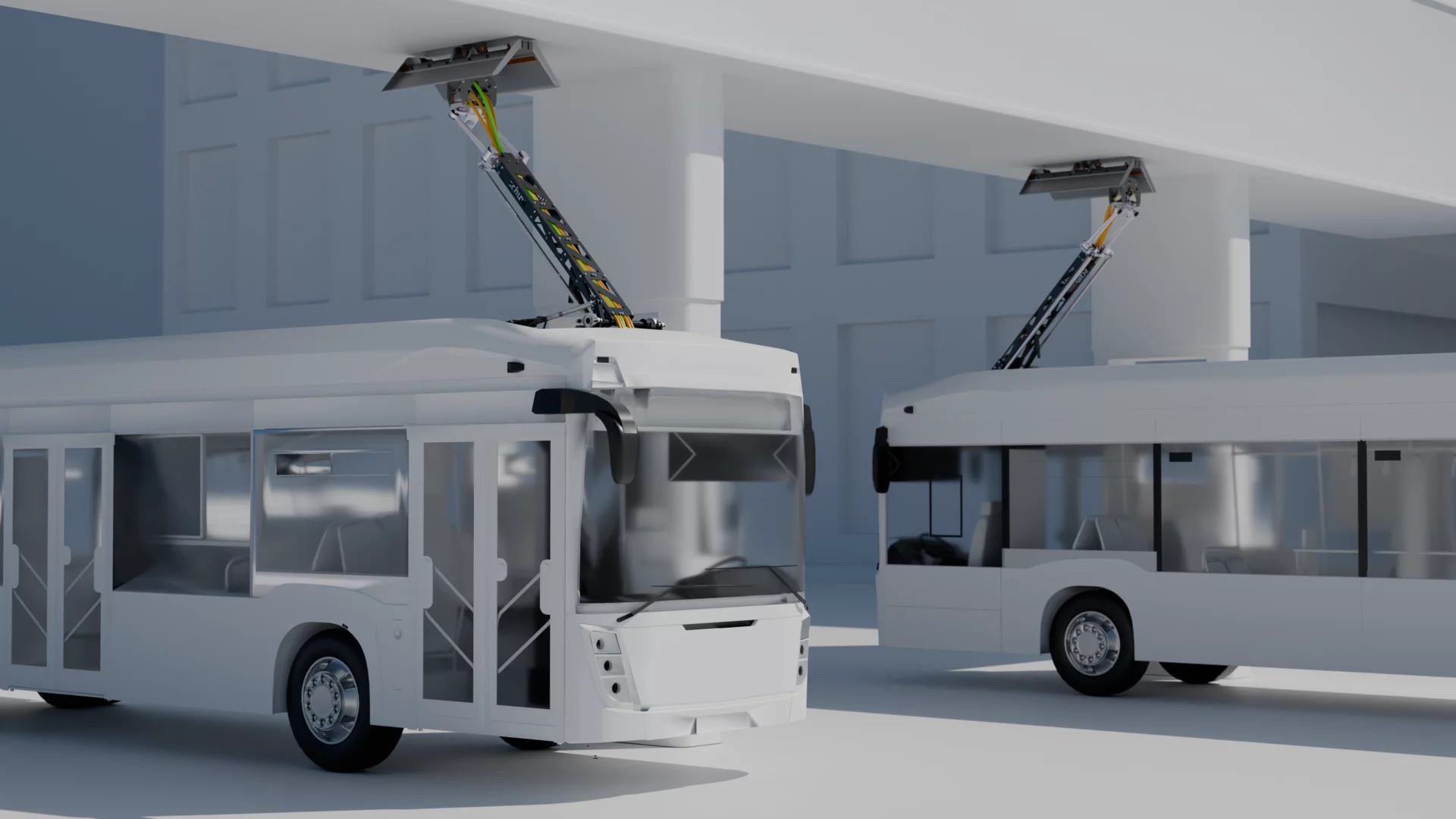  Two electric buses are automatically charged via Schunk Transit Systems pantographs connected to overhead charging infrastructure