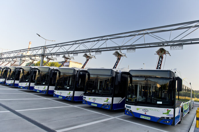   Electric buses with Schunk Smart Charging roof-mounted pantographs charge in the depot