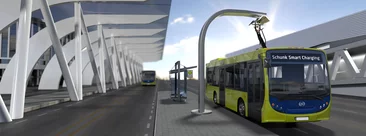   Electric bus with Schunk Smart Charging pantograph is charged at bus stop