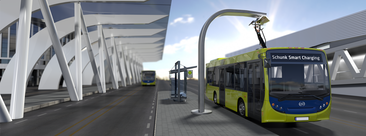   Electric bus with Schunk Smart Charging pantograph is charged at bus stop