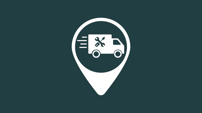 Weißes Icon eines Lieferwagens mit Werkzeug-Symbol in einem Standort-Pin auf dunkelgrünem Hintergrund, repräsentiert technischen Support von Schunk.