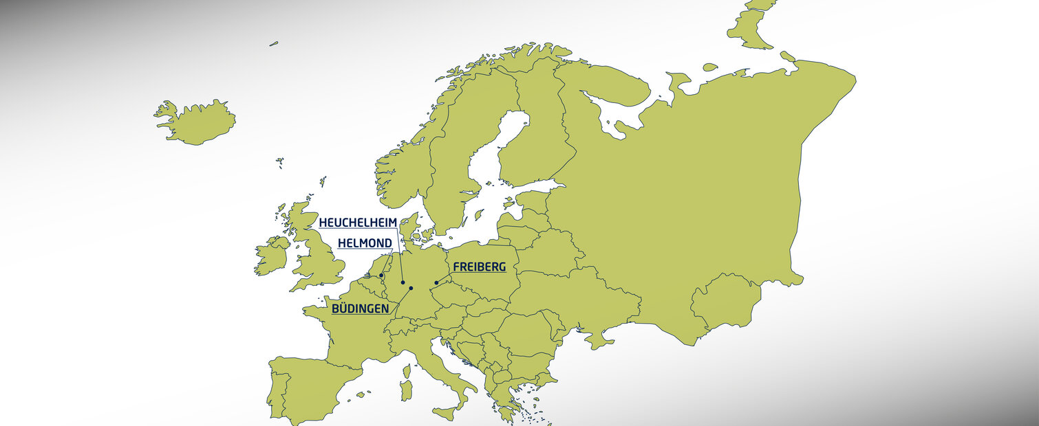 Map of Europe with marked Schunk locations: Heuchelheim, Helmond, Büdingen, and Freiberg.