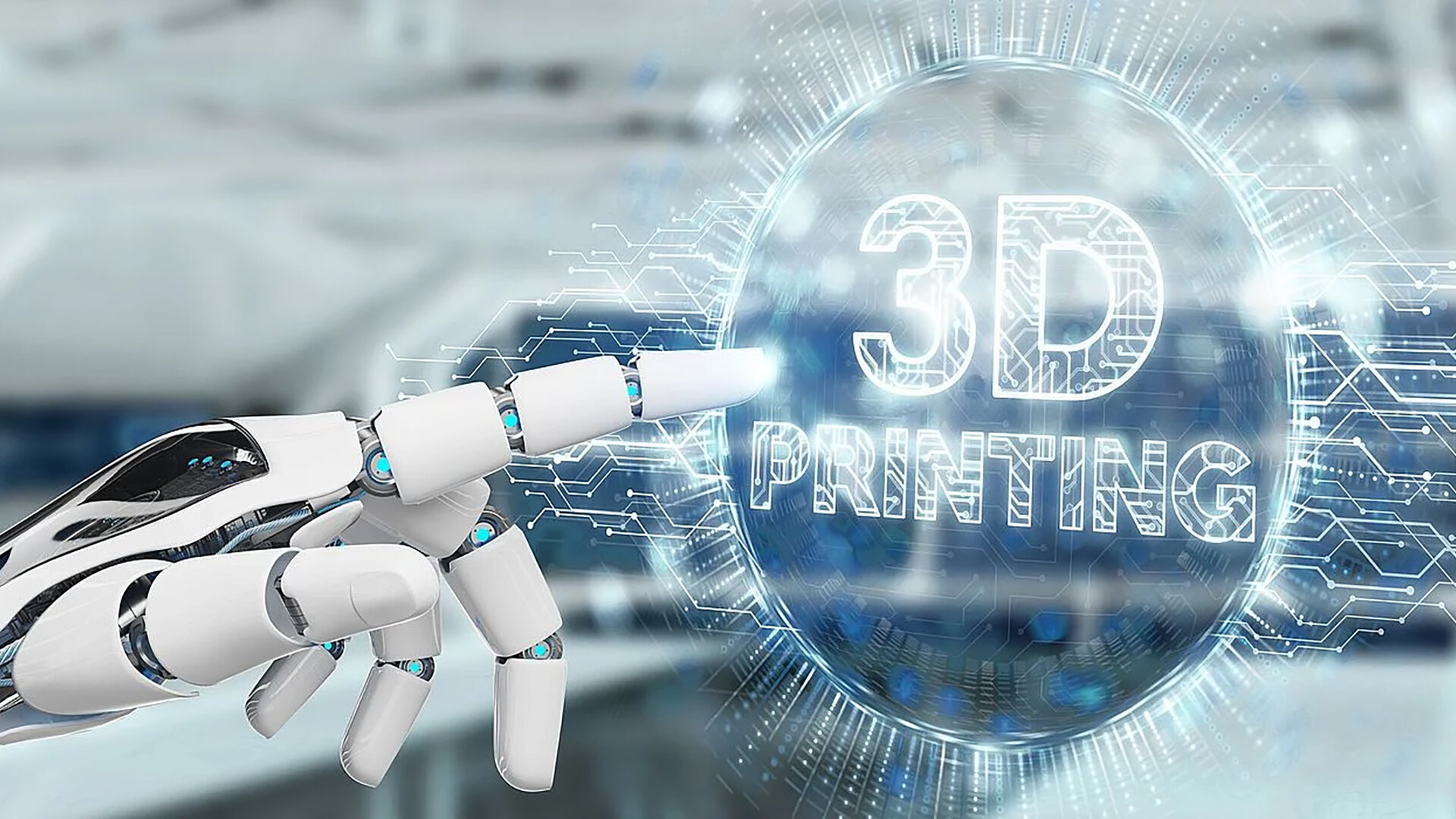  Roboterhand drückt mit Zeigefinger auf Knopf mit 3D Druck Aufschrift